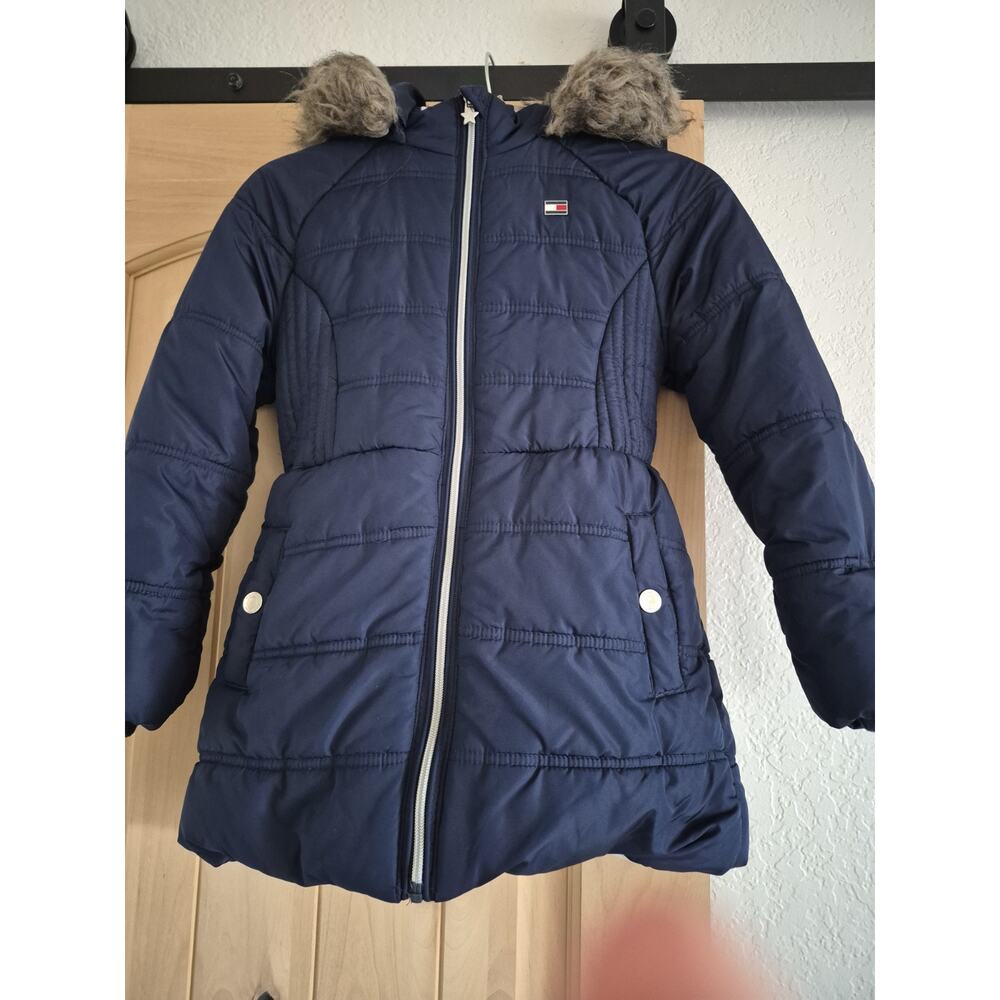 kids tommy Hilfiger Navy Blue Fur Trim Hood Puffer Jacket Size 10-12 Girls
